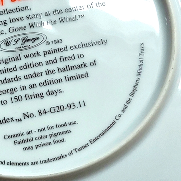 Rare W. S. George Gone With The Wind Collectable Plate 1993 Limited Edition - Picture 6 of 6